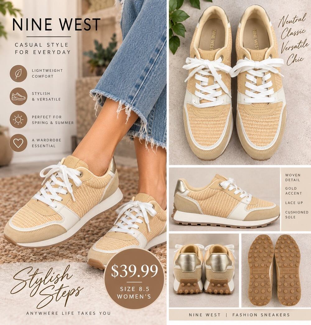 Nine West Womens Beige/White Mesh Lace-Up Low Top Sneakers Rubber Sole NWOB 8.5